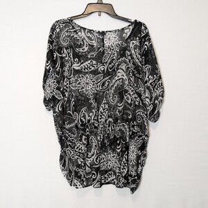 FADED GLORY Black/White Floral Sheer Chiffon Short Sleeve Tunic Top; Size XXL